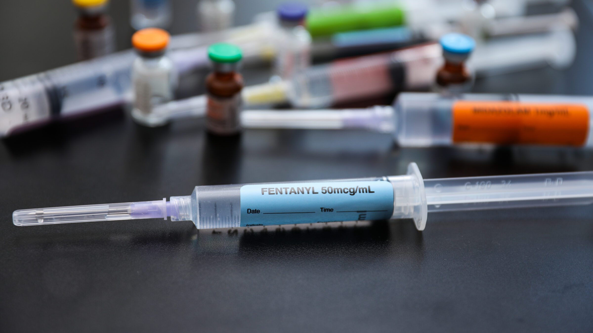 Fentanyl syringes, laying on a table